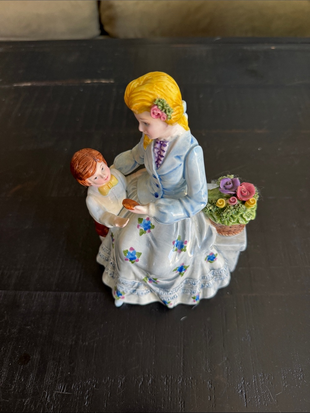 Hand-Painted Porcelain Mother and Child Figurine in Pastel Blue